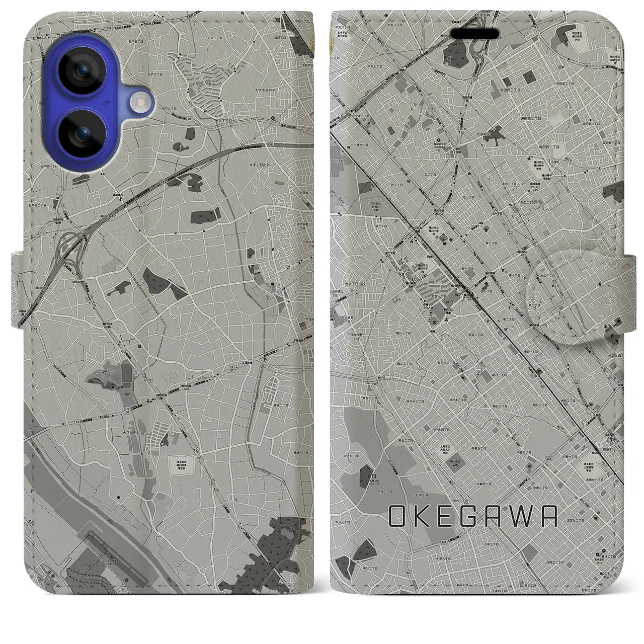 【桶川(埼玉県)】地図柄iPhoneケース(手帳タイプ)モノトーン・iPhone 16 Pro Max 用