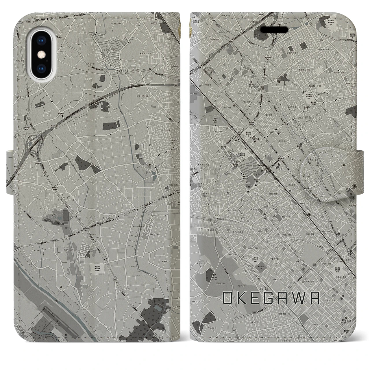 【桶川(埼玉県)】地図柄iPhoneケース(手帳タイプ)モノトーン・iPhone XS Max 用