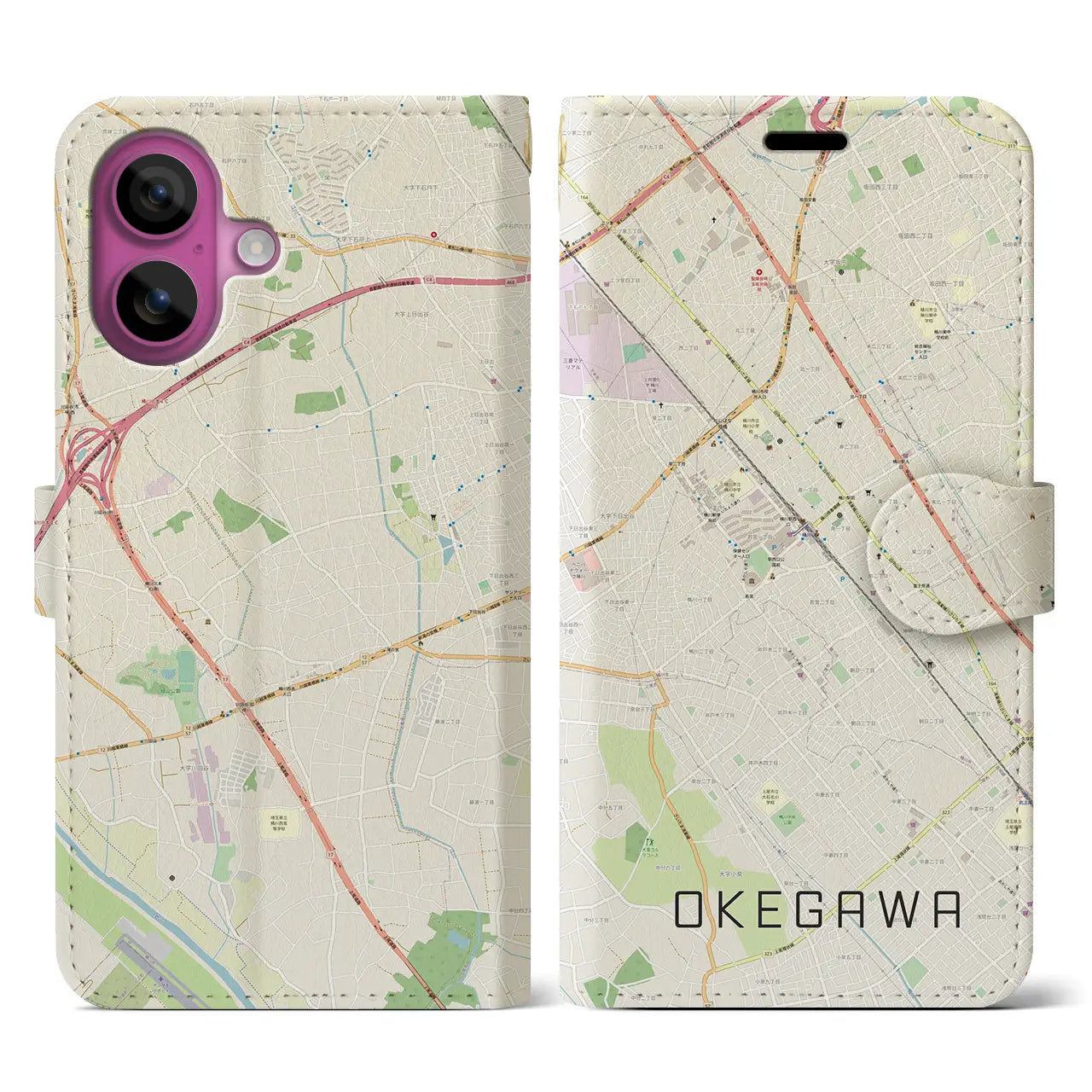 【桶川(埼玉県)】地図柄iPhoneケース(手帳タイプ)ナチュラル・iPhone 16 Pro 用