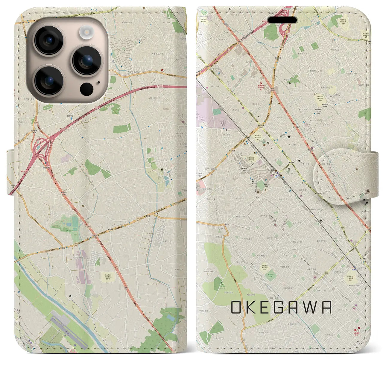 【桶川(埼玉県)】地図柄iPhoneケース(手帳タイプ)ナチュラル・iPhone 16 Plus 用