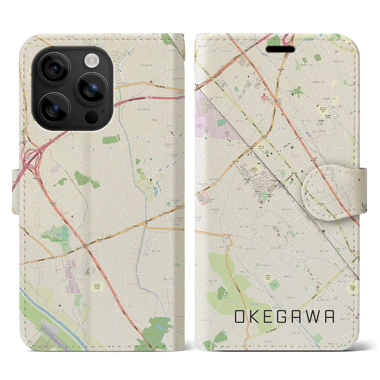 【桶川(埼玉県)】地図柄iPhoneケース(手帳タイプ)ナチュラル・iPhone 16 用