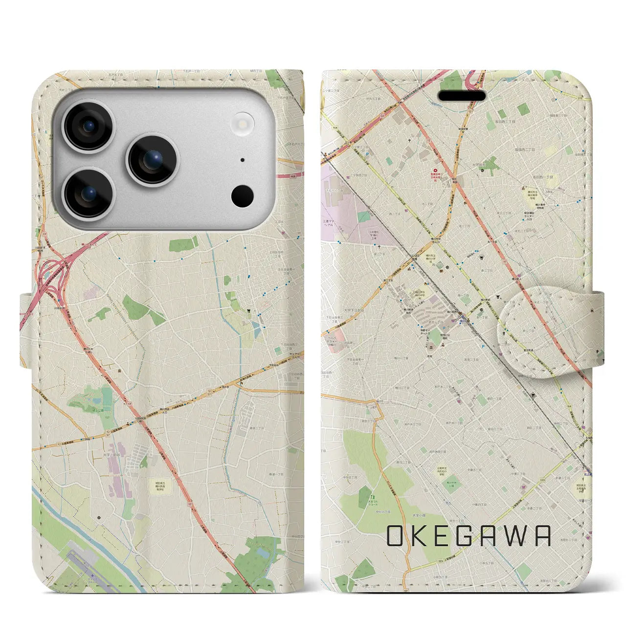 【桶川(埼玉県)】地図柄iPhoneケース(手帳タイプ)モノトーン・iPhone 17 Pro Max 用