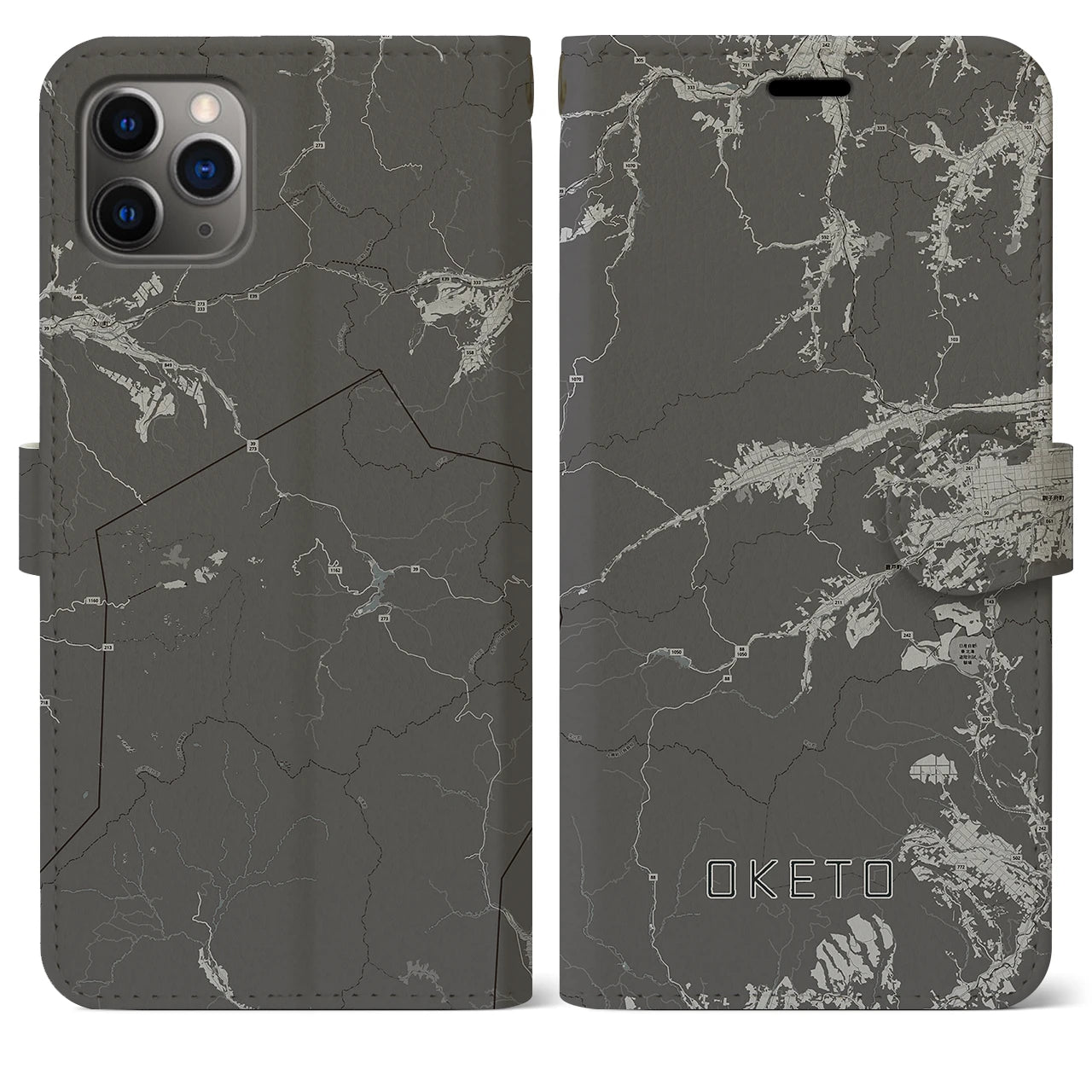 【置戸(北海道)】地図柄iPhoneケース(手帳タイプ)モノトーン・iPhone 11 Pro Max 用
