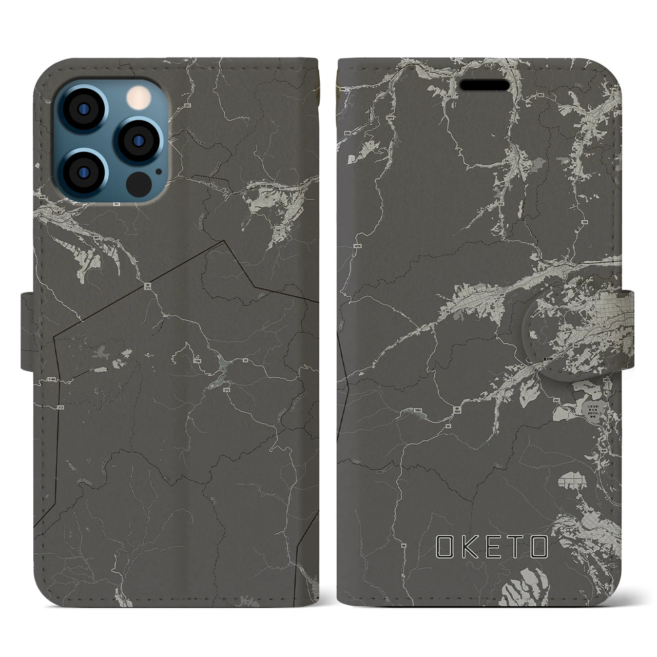 【置戸(北海道)】地図柄iPhoneケース(手帳タイプ)モノトーン・iPhone 12 / 12 Pro 用