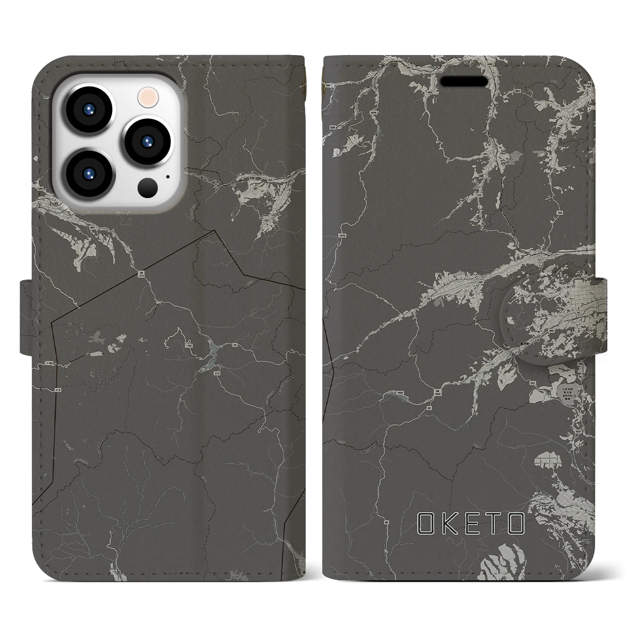 【置戸(北海道)】地図柄iPhoneケース(手帳タイプ)モノトーン・iPhone 13 Pro 用