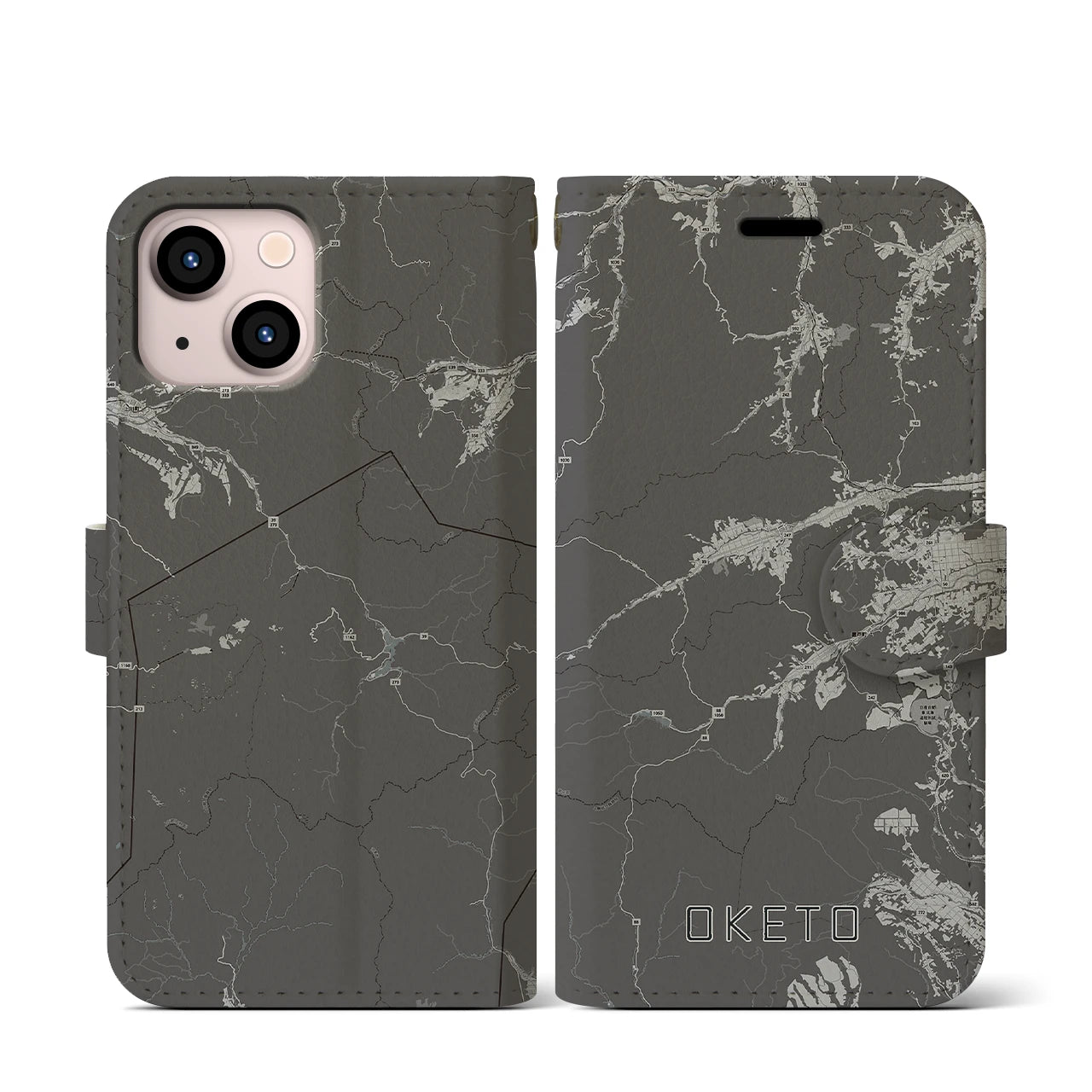 【置戸(北海道)】地図柄iPhoneケース(手帳タイプ)モノトーン・iPhone 13 mini 用