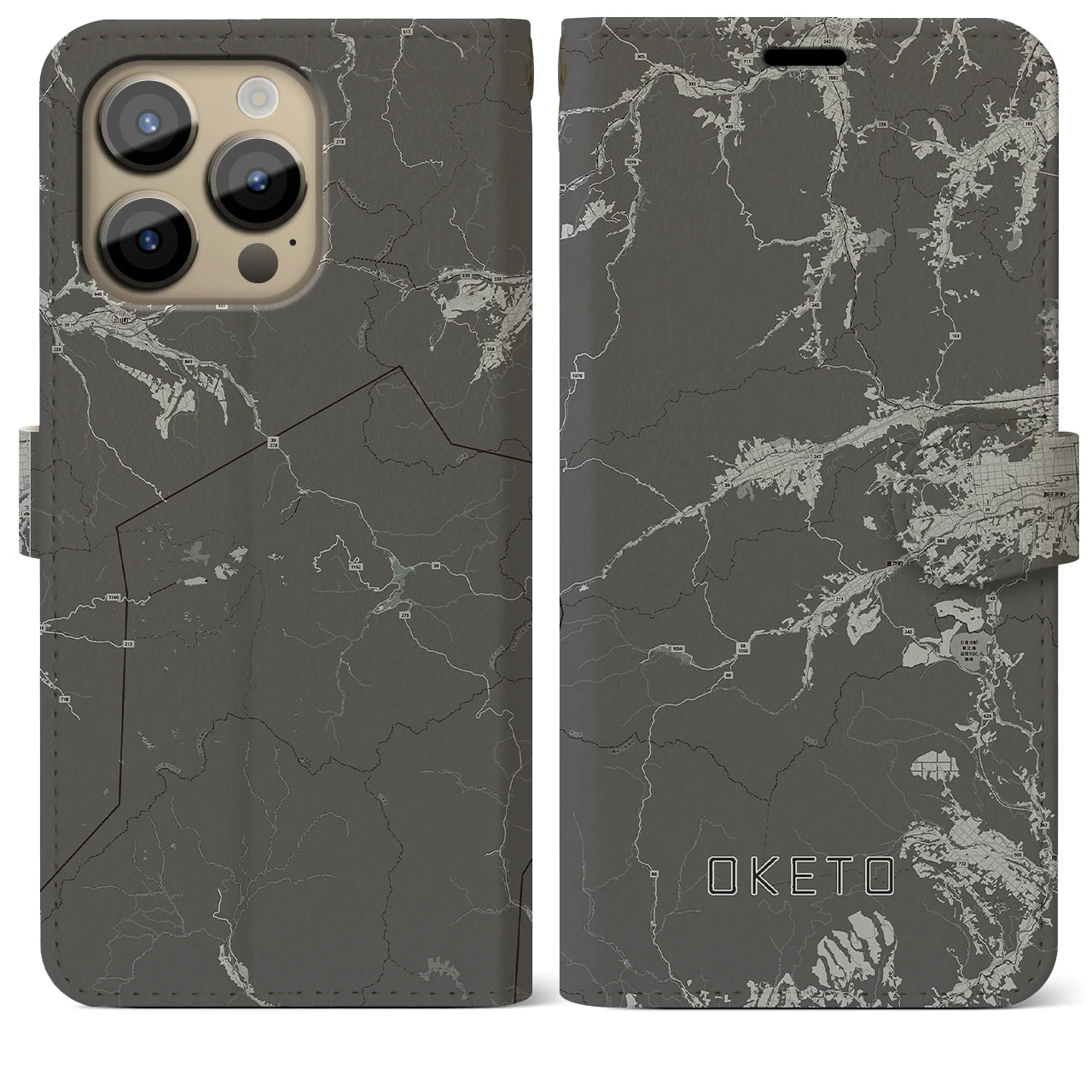 【置戸(北海道)】地図柄iPhoneケース(手帳タイプ)モノトーン・iPhone 14 Pro Max 用