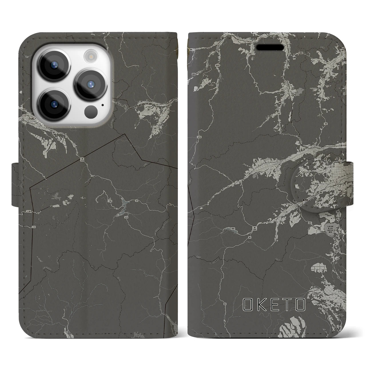 【置戸(北海道)】地図柄iPhoneケース(手帳タイプ)モノトーン・iPhone 14 Pro 用