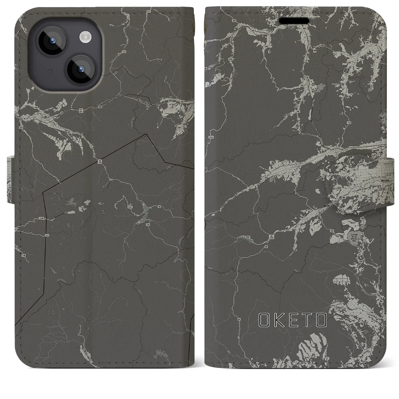 【置戸(北海道)】地図柄iPhoneケース(手帳タイプ)モノトーン・iPhone 14 Plus 用