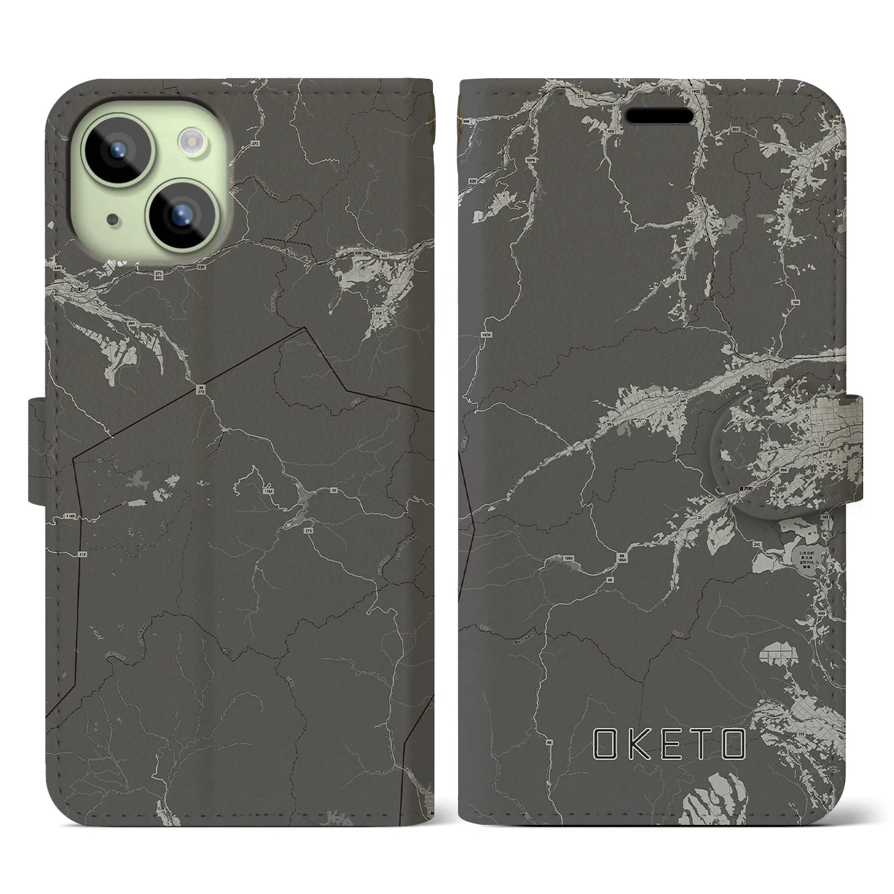 【置戸(北海道)】地図柄iPhoneケース(手帳タイプ)モノトーン・iPhone 15 用