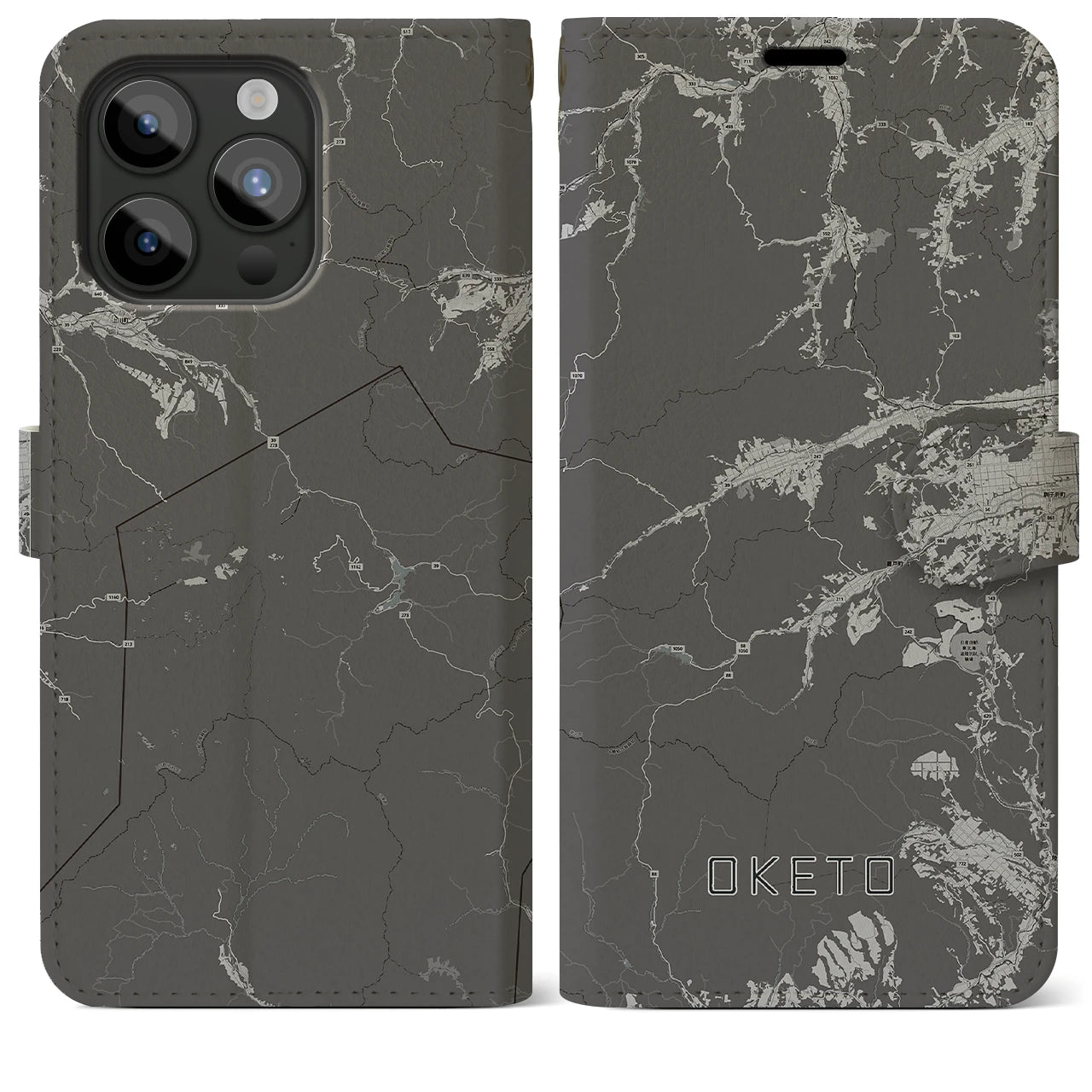 【置戸(北海道)】地図柄iPhoneケース(手帳タイプ)モノトーン・iPhone 15 Pro Max 用
