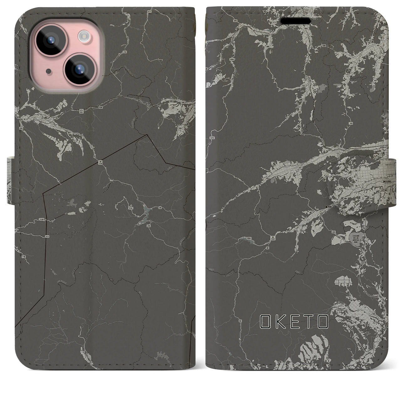 【置戸(北海道)】地図柄iPhoneケース(手帳タイプ)モノトーン・iPhone 15 Plus 用