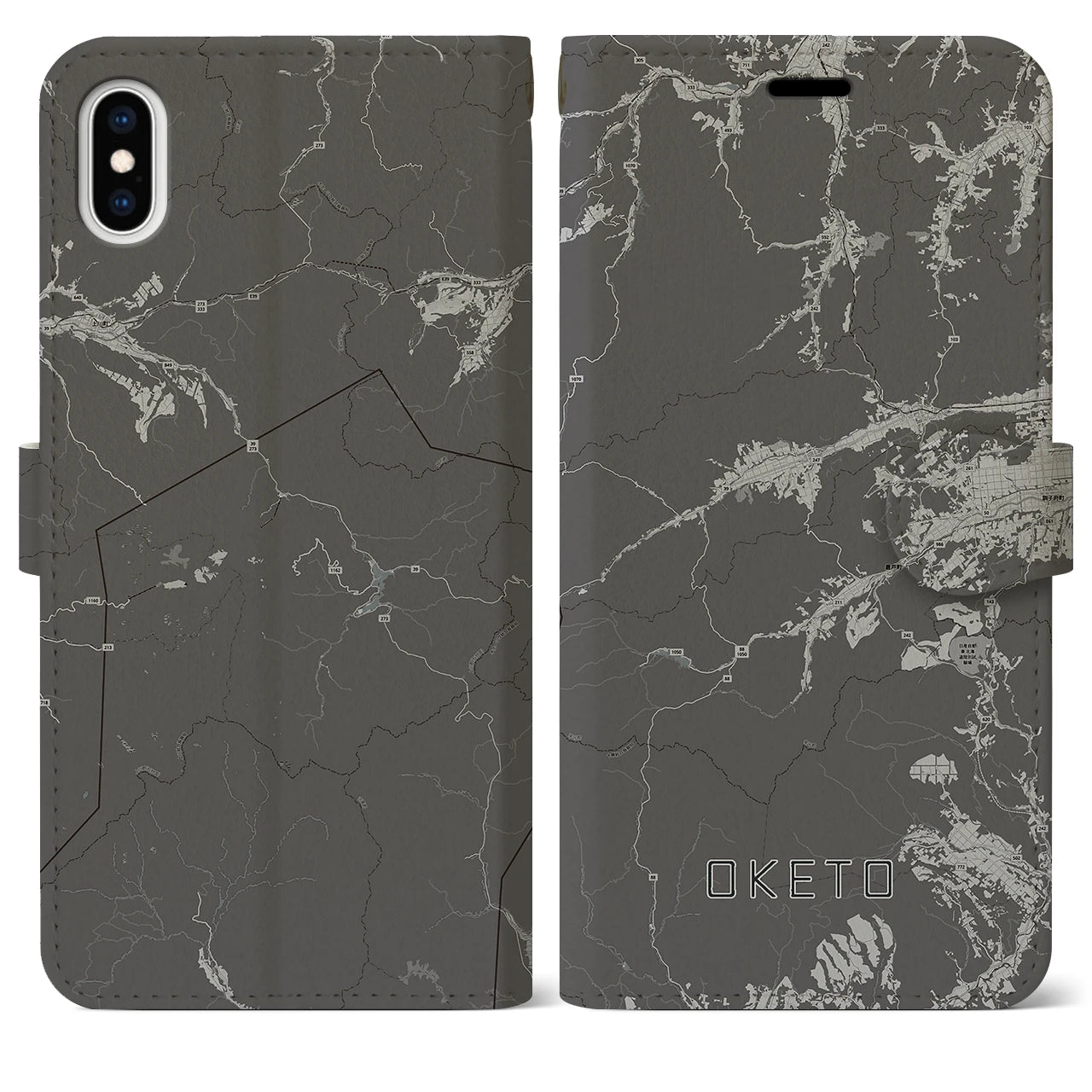 【置戸(北海道)】地図柄iPhoneケース(手帳タイプ)モノトーン・iPhone XS Max 用