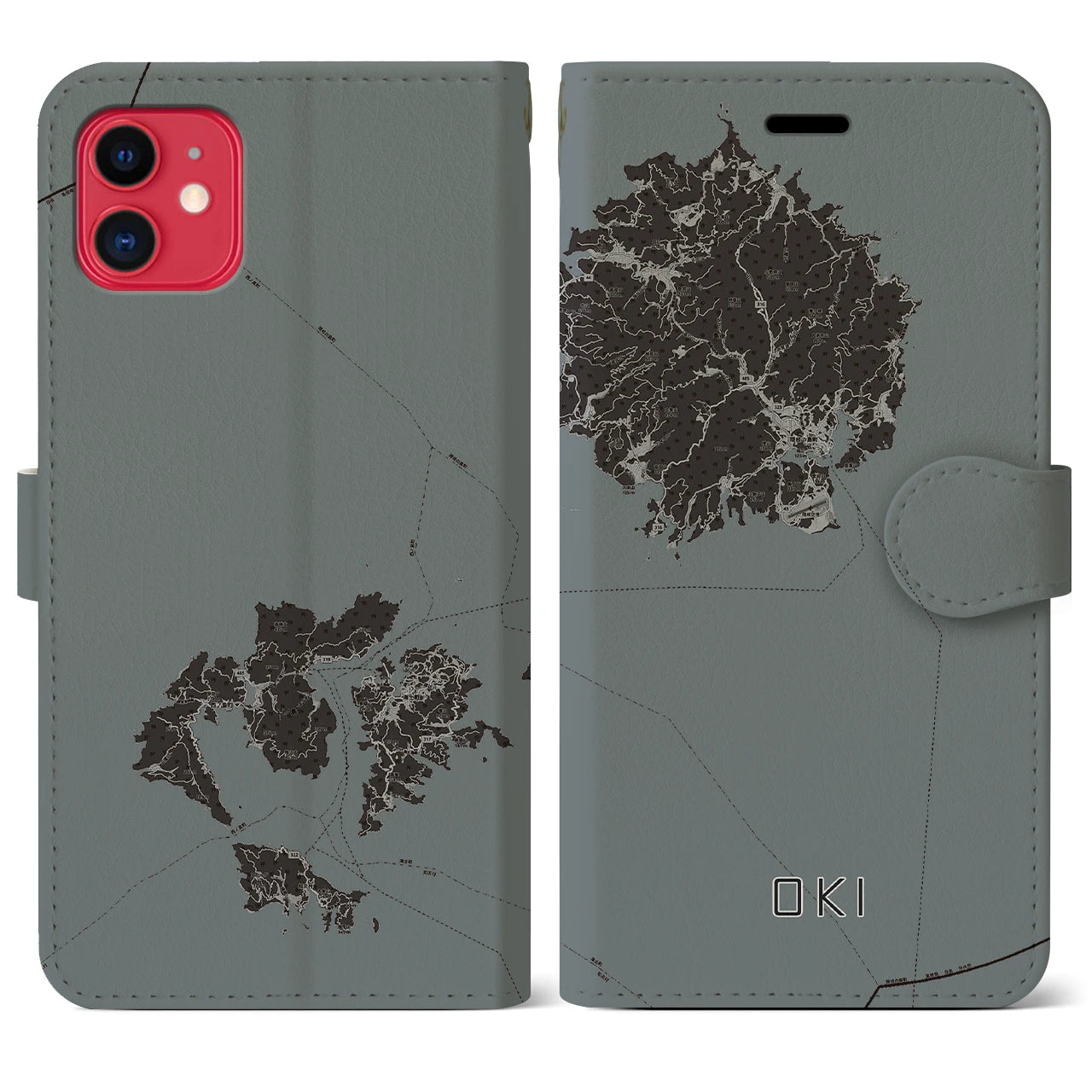 【隠岐(島根県)】地図柄iPhoneケース(手帳タイプ)モノトーン・iPhone 11 用