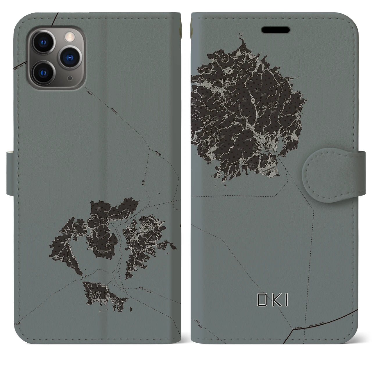 【隠岐(島根県)】地図柄iPhoneケース(手帳タイプ)モノトーン・iPhone 11 Pro Max 用