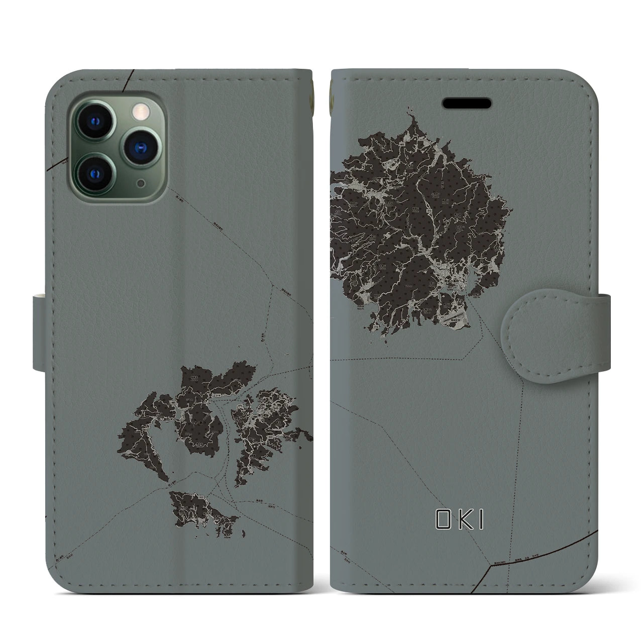 【隠岐(島根県)】地図柄iPhoneケース(手帳タイプ)モノトーン・iPhone 11 Pro 用