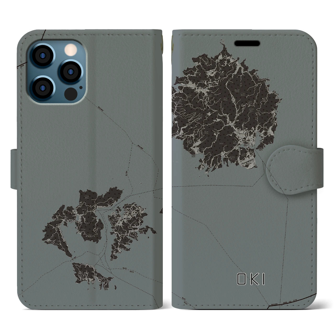 【隠岐(島根県)】地図柄iPhoneケース(手帳タイプ)モノトーン・iPhone 12 / 12 Pro 用