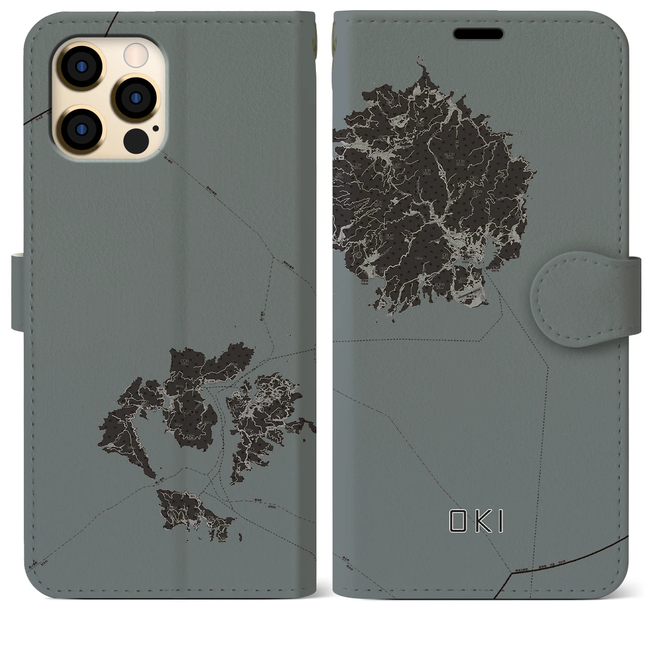 【隠岐(島根県)】地図柄iPhoneケース(手帳タイプ)モノトーン・iPhone 12 Pro Max 用