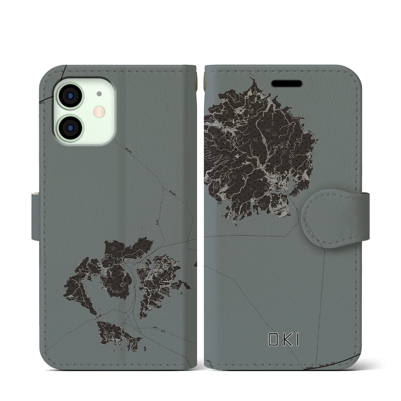 【隠岐(島根県)】地図柄iPhoneケース(手帳タイプ)モノトーン・iPhone 12 mini 用