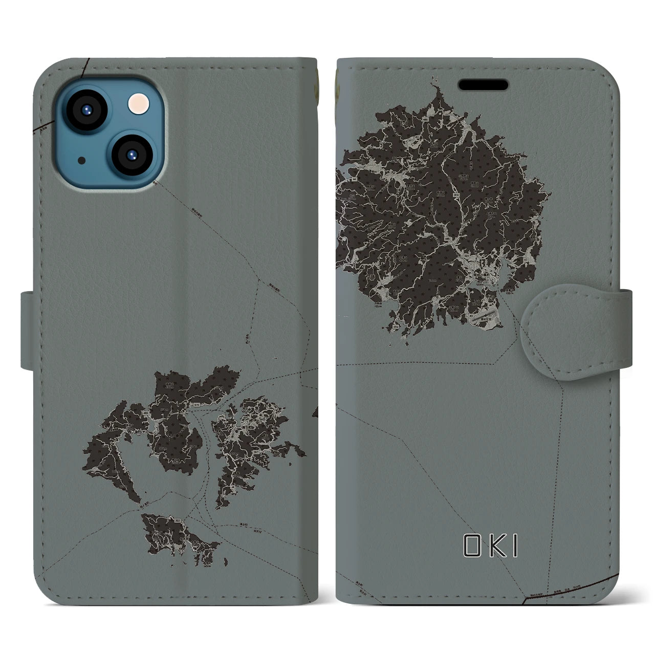 【隠岐(島根県)】地図柄iPhoneケース(手帳タイプ)モノトーン・iPhone 13 用