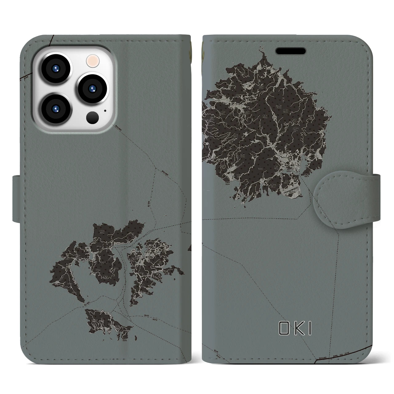 【隠岐(島根県)】地図柄iPhoneケース(手帳タイプ)モノトーン・iPhone 13 Pro 用