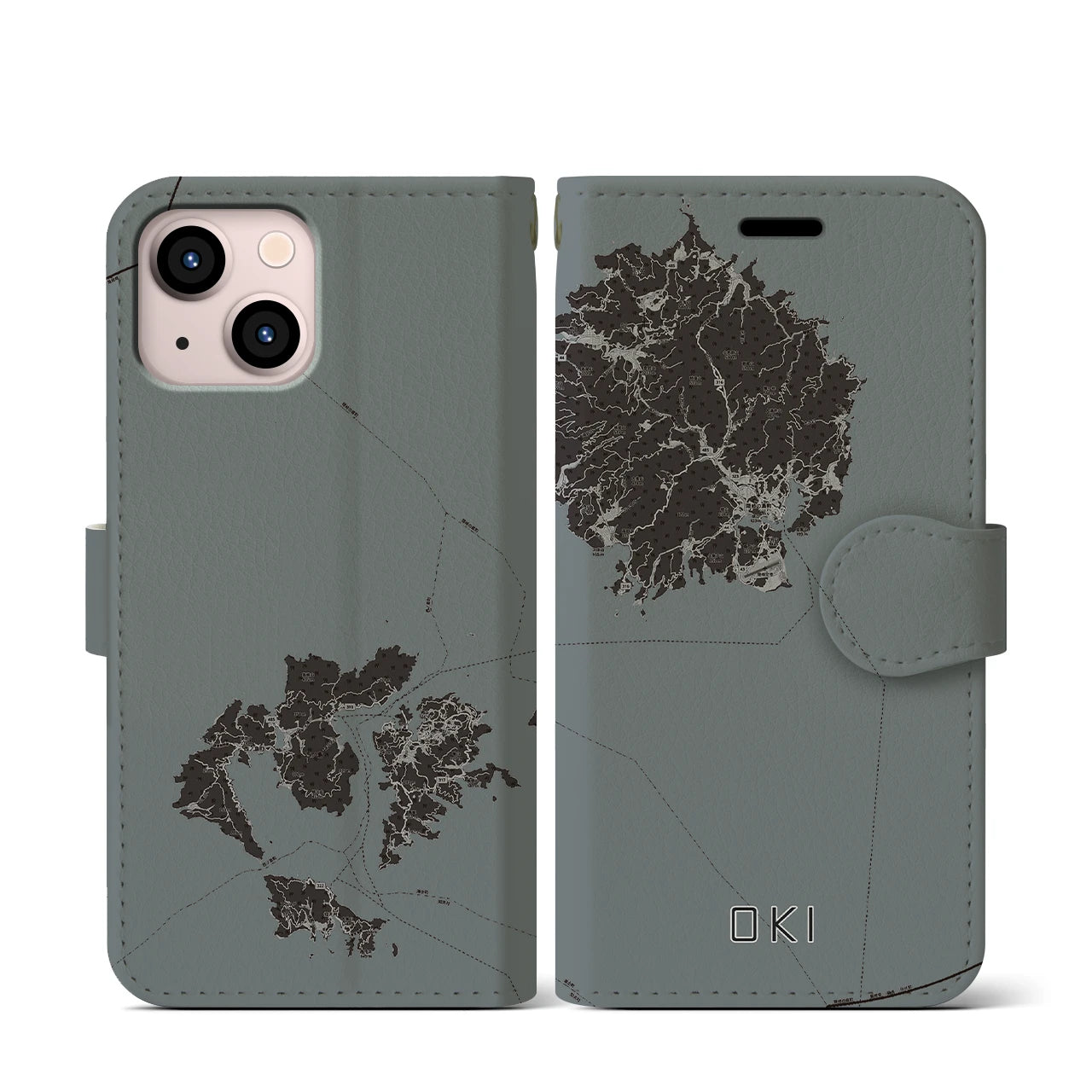 【隠岐(島根県)】地図柄iPhoneケース(手帳タイプ)モノトーン・iPhone 13 mini 用