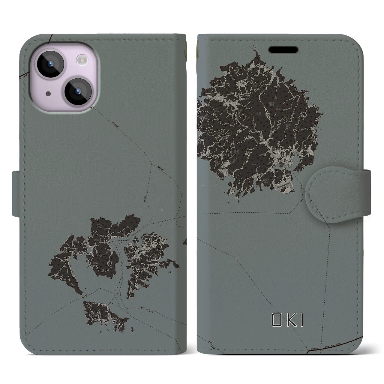 【隠岐(島根県)】地図柄iPhoneケース(手帳タイプ)モノトーン・iPhone 14 用