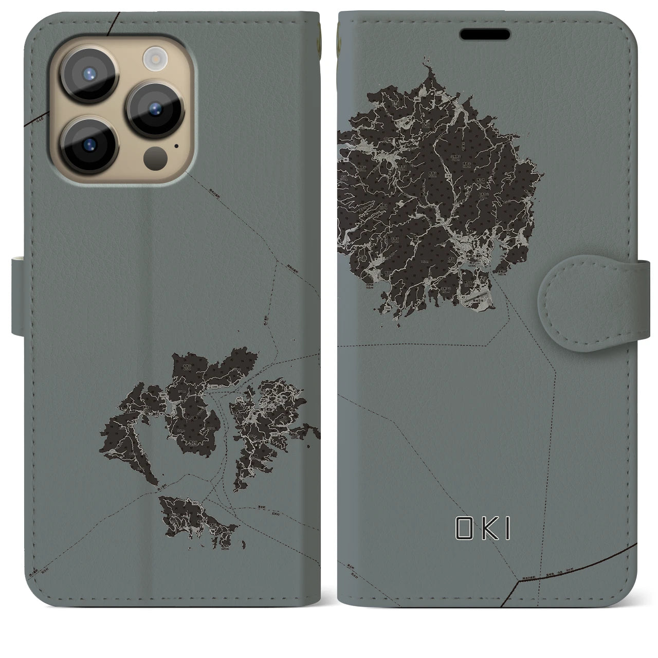 【隠岐(島根県)】地図柄iPhoneケース(手帳タイプ)モノトーン・iPhone 14 Pro Max 用