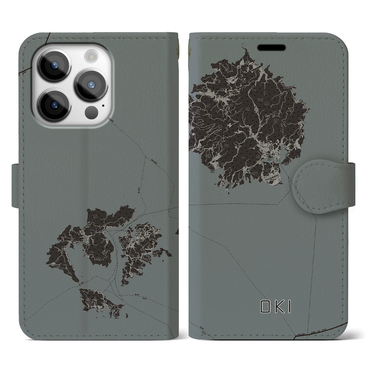 【隠岐(島根県)】地図柄iPhoneケース(手帳タイプ)モノトーン・iPhone 14 Pro 用