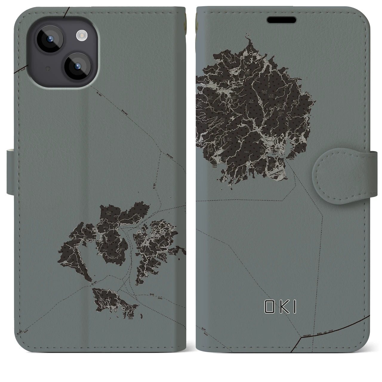 【隠岐(島根県)】地図柄iPhoneケース(手帳タイプ)モノトーン・iPhone 14 Plus 用