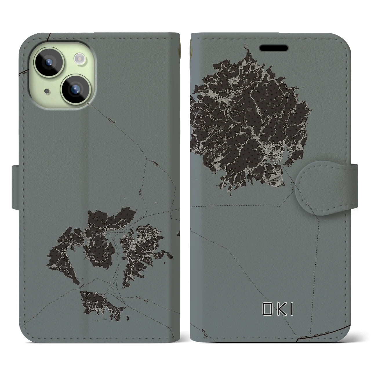 【隠岐(島根県)】地図柄iPhoneケース(手帳タイプ)モノトーン・iPhone 15 用