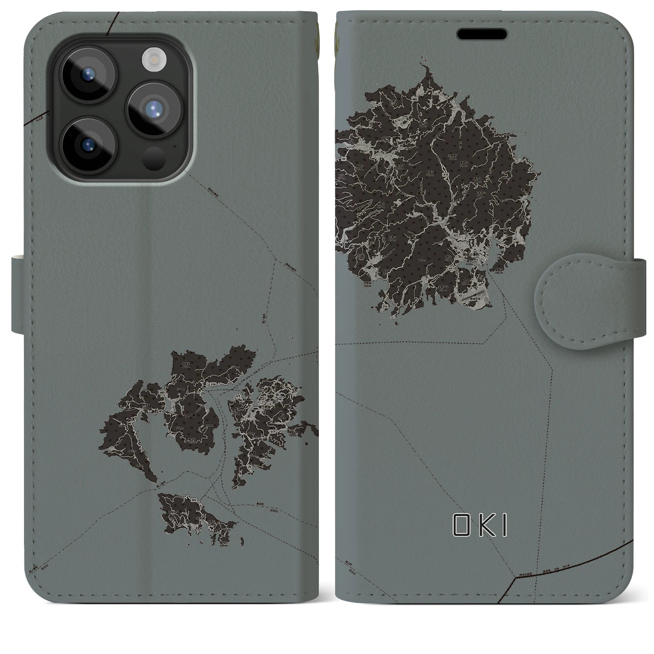 【隠岐(島根県)】地図柄iPhoneケース(手帳タイプ)モノトーン・iPhone 15 Pro Max 用