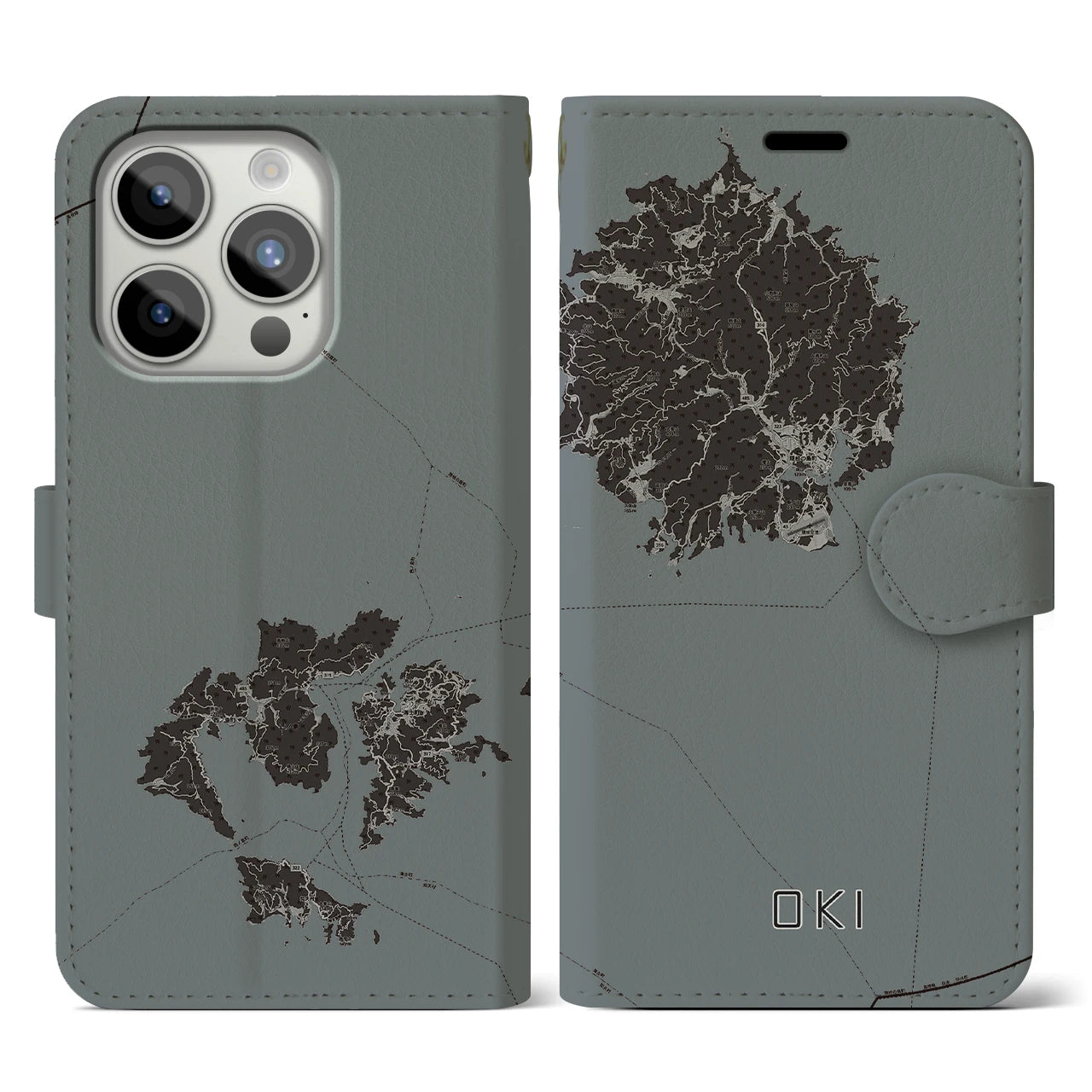 【隠岐(島根県)】地図柄iPhoneケース(手帳タイプ)モノトーン・iPhone 15 Pro 用