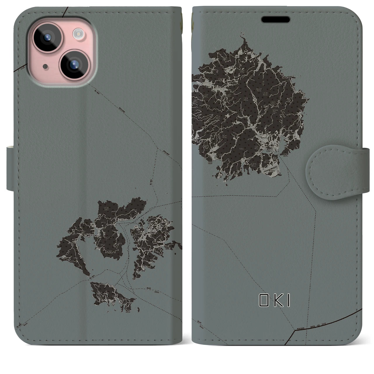【隠岐(島根県)】地図柄iPhoneケース(手帳タイプ)モノトーン・iPhone 15 Plus 用