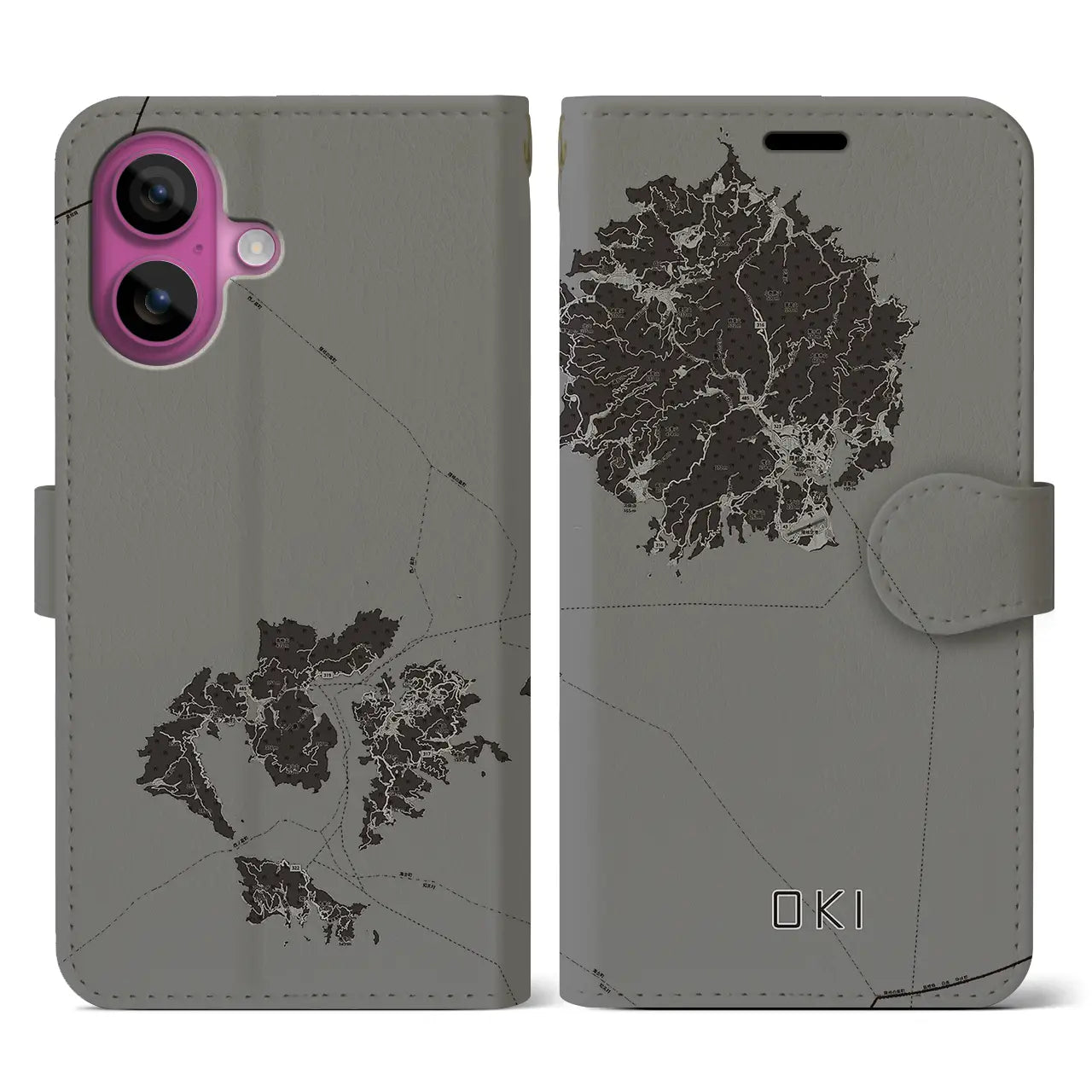 【隠岐(島根県)】地図柄iPhoneケース(手帳タイプ)モノトーン・iPhone 16 Pro 用