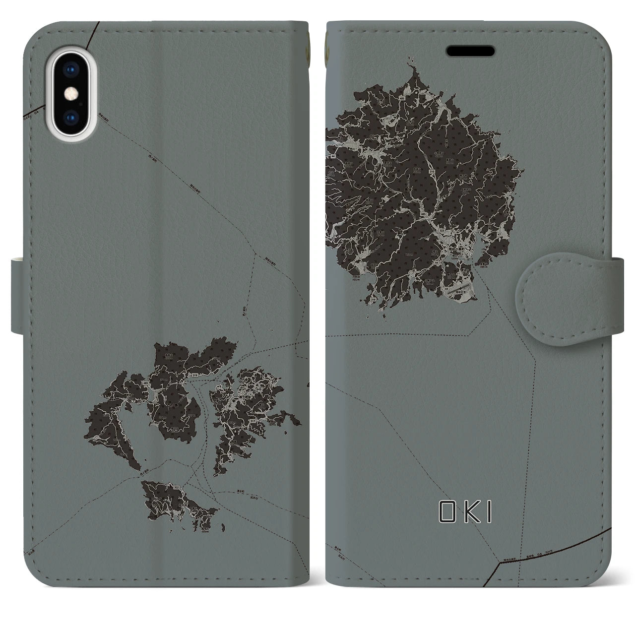 【隠岐(島根県)】地図柄iPhoneケース(手帳タイプ)モノトーン・iPhone XS Max 用