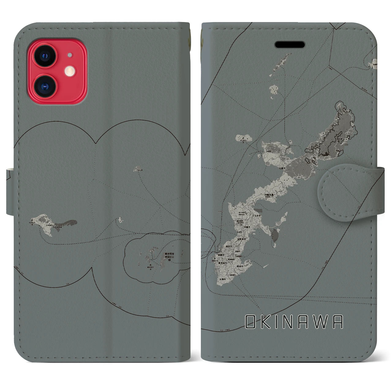 【沖縄2(沖縄県)】地図柄iPhoneケース(手帳タイプ)モノトーン・iPhone 11 用