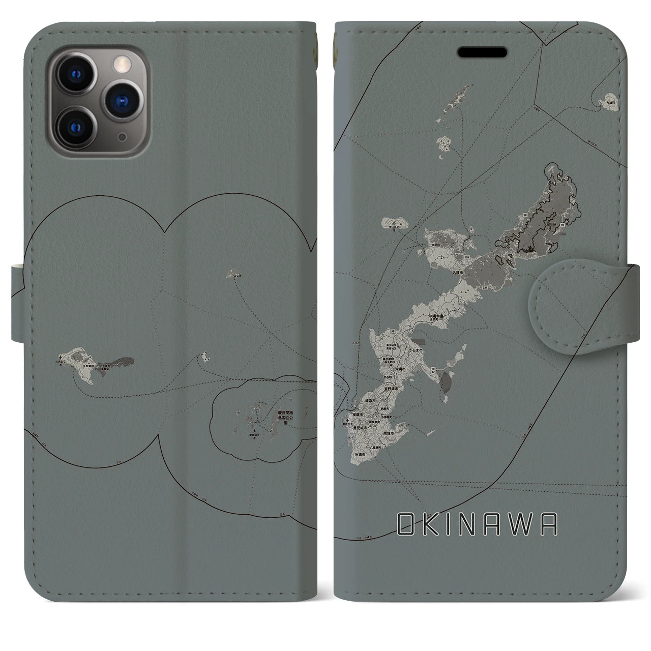【沖縄2(沖縄県)】地図柄iPhoneケース(手帳タイプ)モノトーン・iPhone 11 Pro Max 用