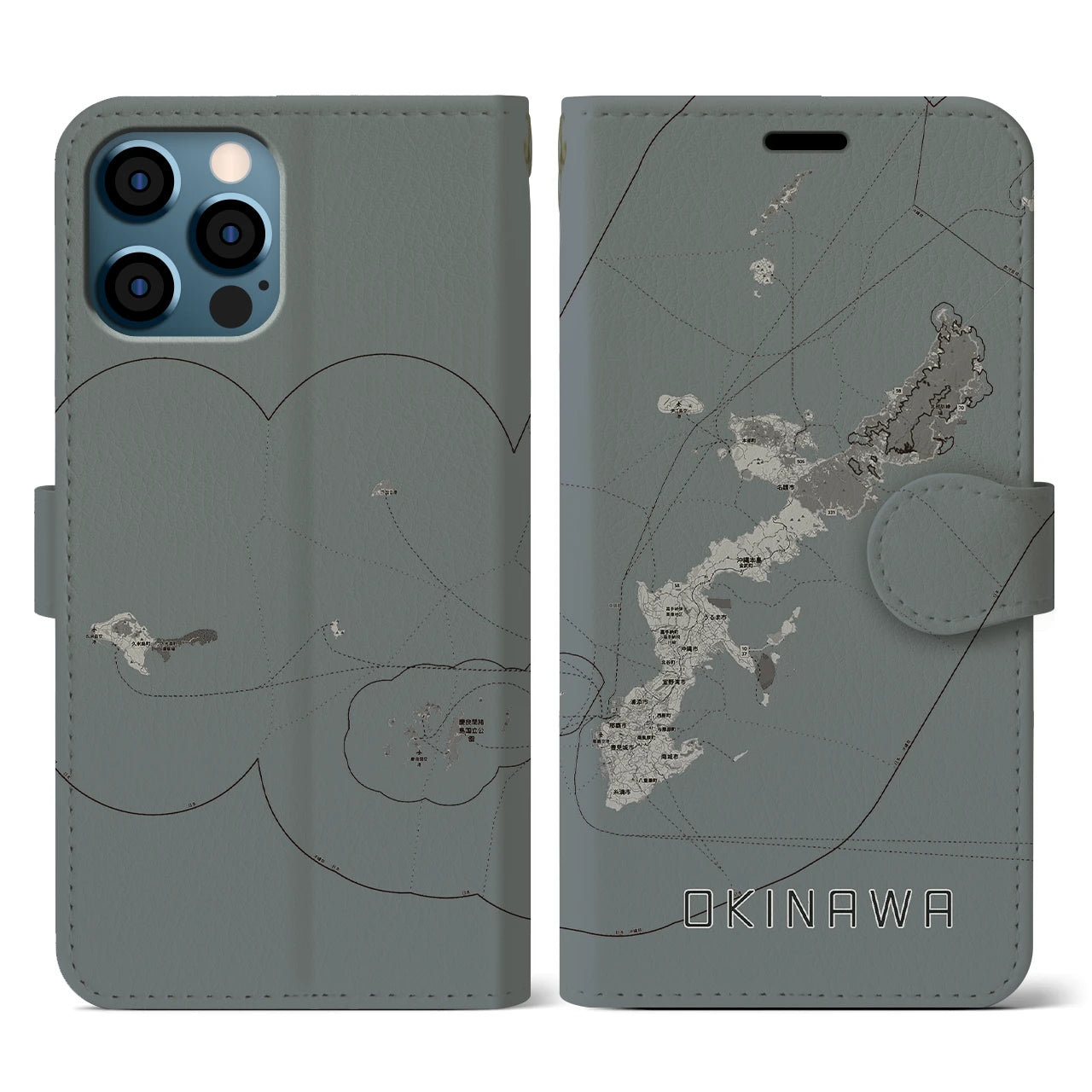 【沖縄2(沖縄県)】地図柄iPhoneケース(手帳タイプ)モノトーン・iPhone 12 / 12 Pro 用