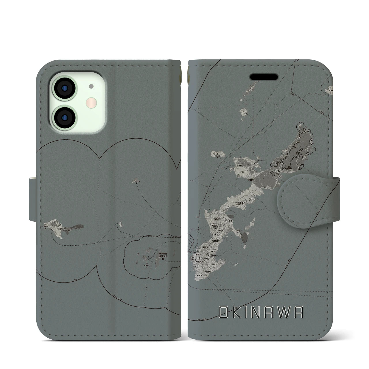 【沖縄2(沖縄県)】地図柄iPhoneケース(手帳タイプ)モノトーン・iPhone 12 mini 用