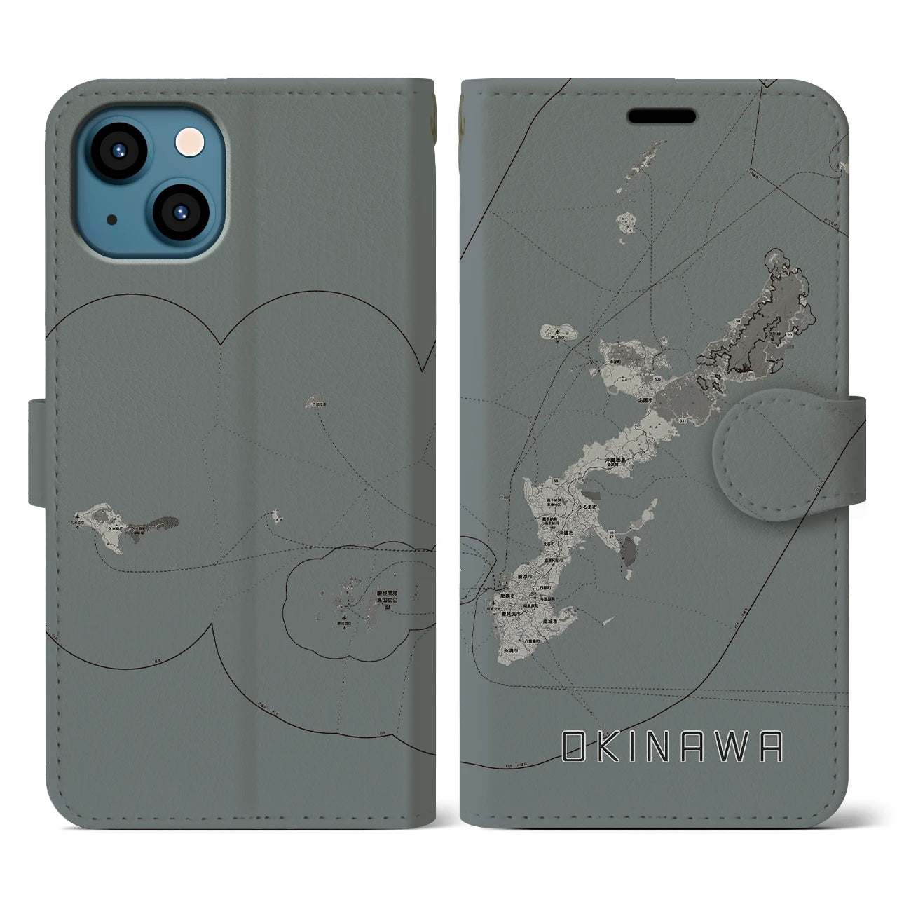 【沖縄2(沖縄県)】地図柄iPhoneケース(手帳タイプ)モノトーン・iPhone 13 用