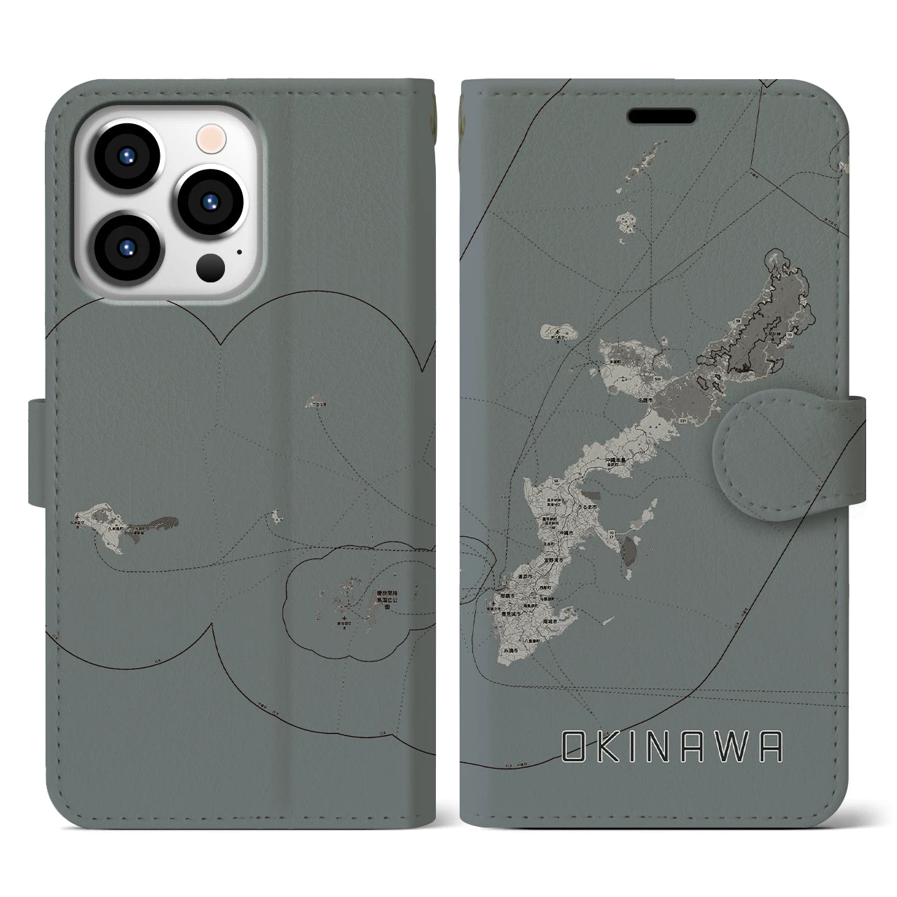 【沖縄2(沖縄県)】地図柄iPhoneケース(手帳タイプ)モノトーン・iPhone 13 Pro 用