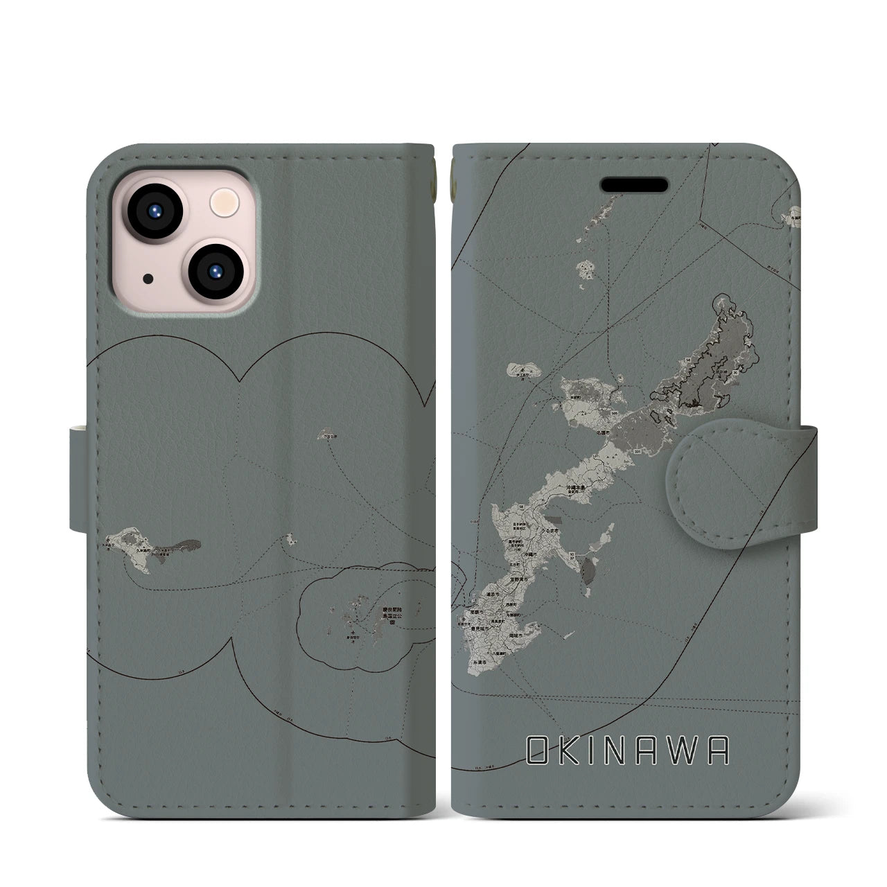 【沖縄2(沖縄県)】地図柄iPhoneケース(手帳タイプ)モノトーン・iPhone 13 mini 用