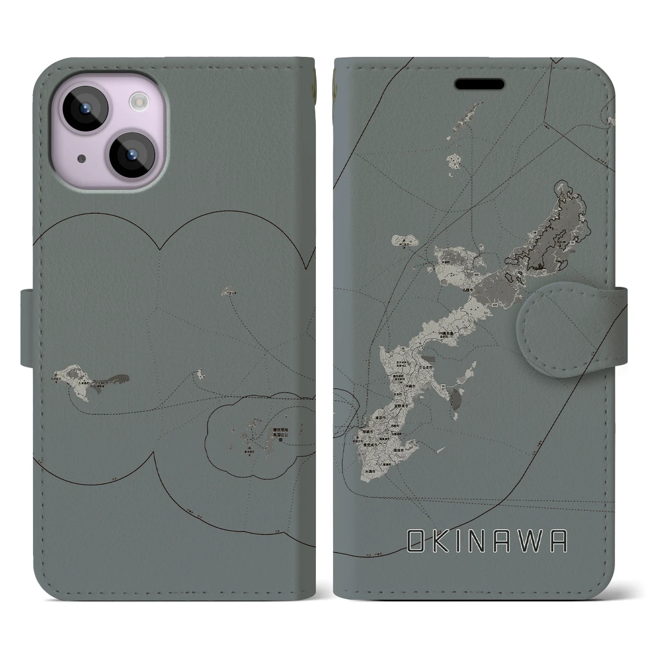 【沖縄2(沖縄県)】地図柄iPhoneケース(手帳タイプ)モノトーン・iPhone 14 用