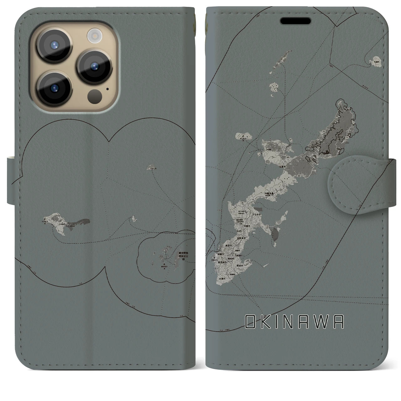 【沖縄2(沖縄県)】地図柄iPhoneケース(手帳タイプ)モノトーン・iPhone 14 Pro Max 用