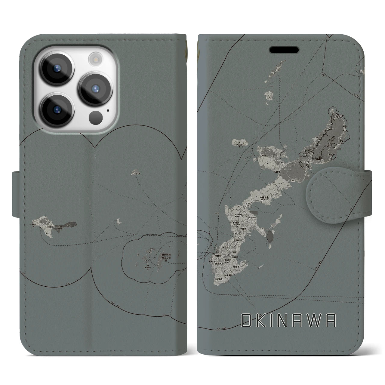 【沖縄2(沖縄県)】地図柄iPhoneケース(手帳タイプ)モノトーン・iPhone 14 Pro 用