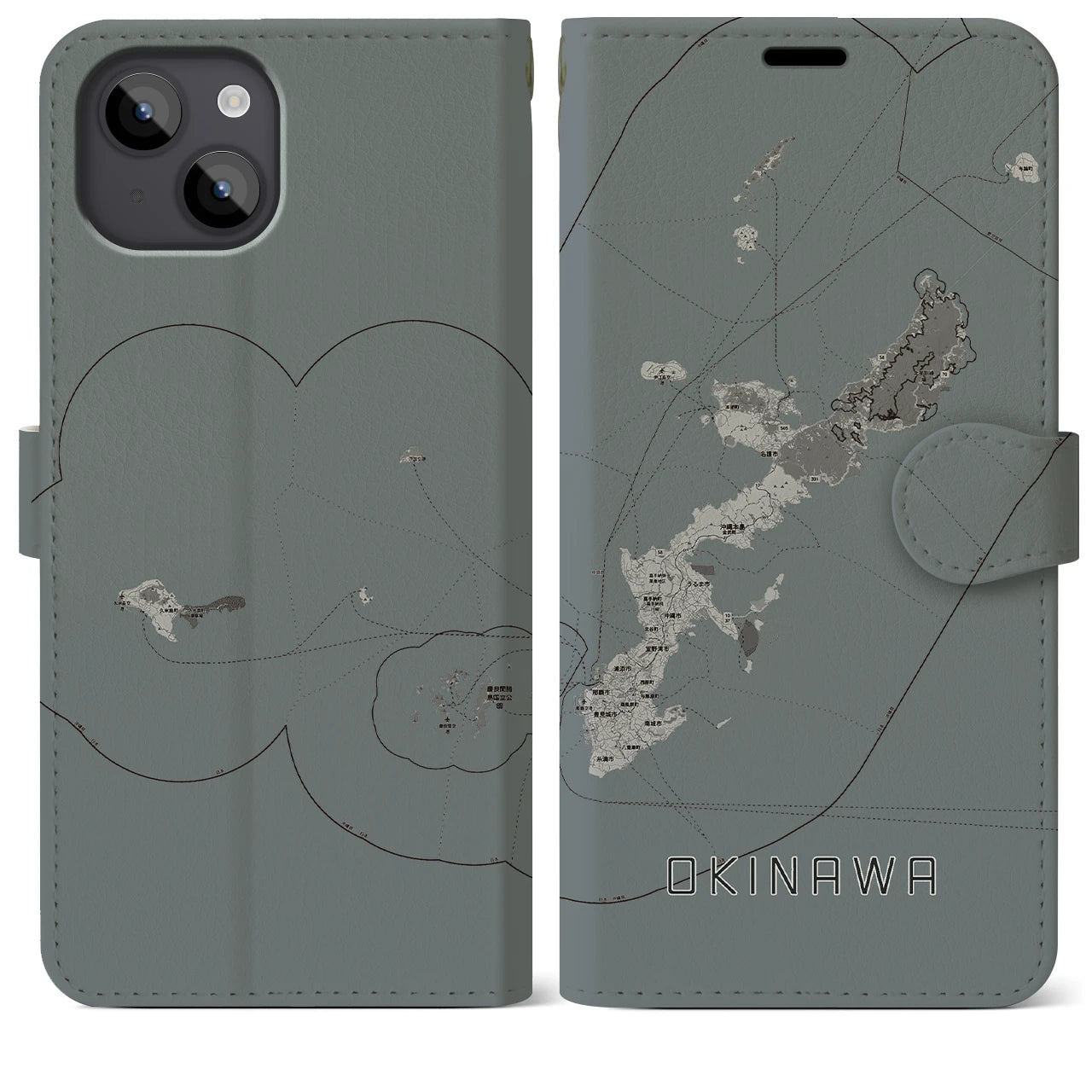 【沖縄2(沖縄県)】地図柄iPhoneケース(手帳タイプ)モノトーン・iPhone 14 Plus 用