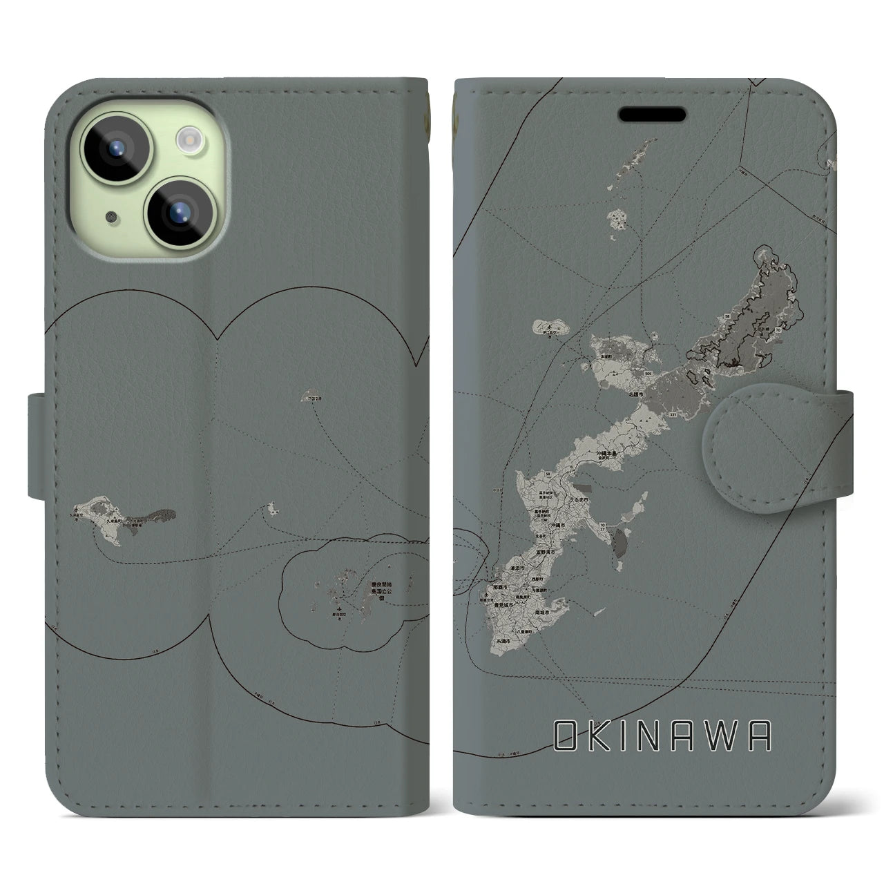 【沖縄2(沖縄県)】地図柄iPhoneケース(手帳タイプ)モノトーン・iPhone 15 用