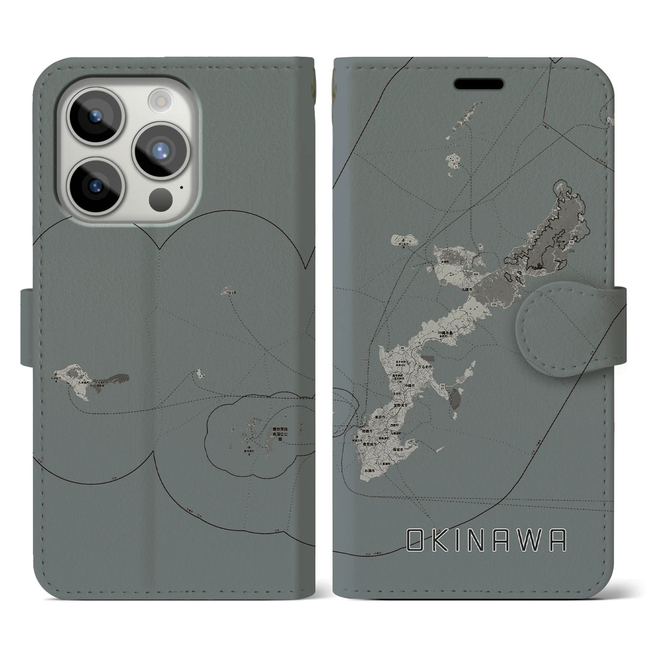 【沖縄2(沖縄県)】地図柄iPhoneケース(手帳タイプ)モノトーン・iPhone 15 Pro 用