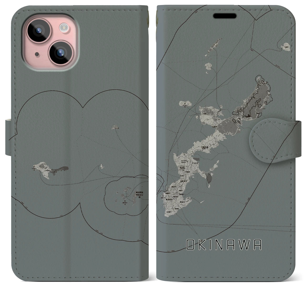 【沖縄2(沖縄県)】地図柄iPhoneケース(手帳タイプ)モノトーン・iPhone 15 Plus 用